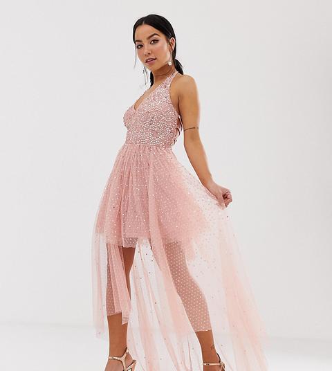 Minivestido De Graduación Con Adornos, Parte Delantera Desbocada Y Cola En Rosa De Dolly & Delicious Petite