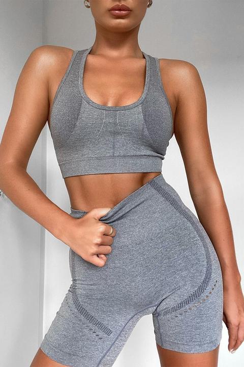 Grey Tops - Light Grey Strappy Back Sports Crop Top