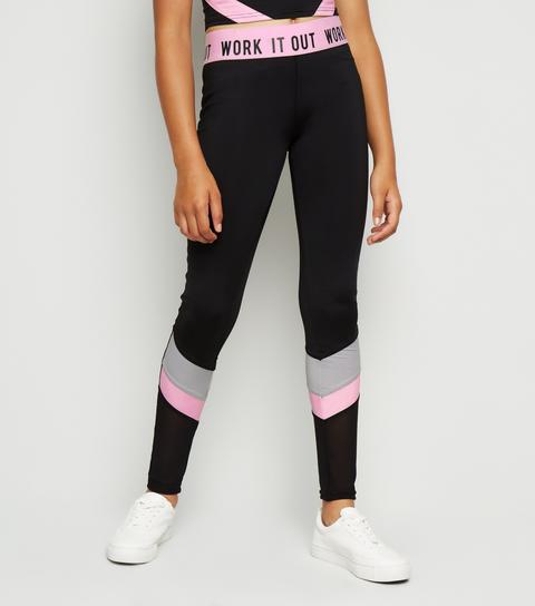 Girls Black Mesh Work It Out Slogan Sports Leggings New Look