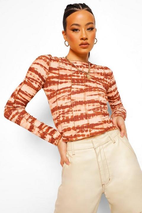 Womens Tall Tie Dye Overlock Stitch Detail Long Sleeve Top - Brown - 12, Brown