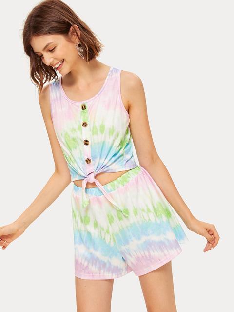 Top Canotte Tie Dye Con Bottone E Shorts