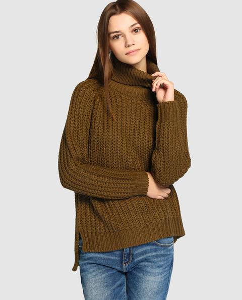 Jersey Oversize De Mujer Con Cuello Vuelto Kaki