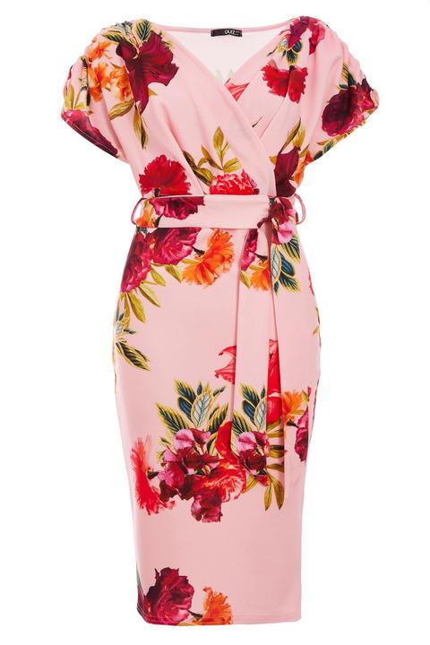 Red Floral Ruched Wrap Midi Dress ...
