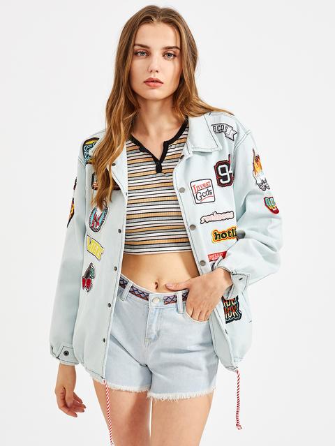 Bleach Wash Drawstring Hem Denim Jacket With Badges