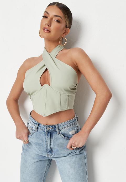 Top Vert Menthe Style Corset Croisé À La Poitrine À Détail Dos Nu