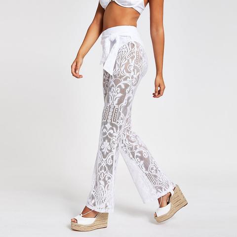 White Lace Flared Tie Waist Trousers 
