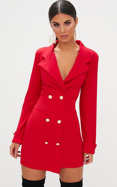 Red Gold Button Detail Blazer Dress, Red