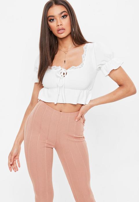 White Lace Trim Gathered Hem Crop Top, White