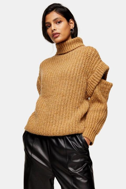 Camel Split Shoulder Roll Neck Knitted Jumper
