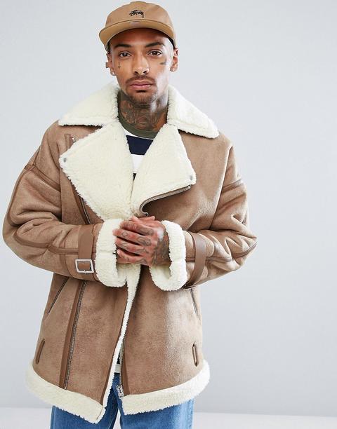 Asos Oversized Faux Shearling Biker Jacket In Camel - Camel