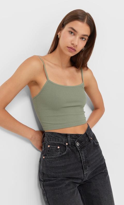 Stradivarius Crop Top Sans Coutures À Bretelles Kaki S