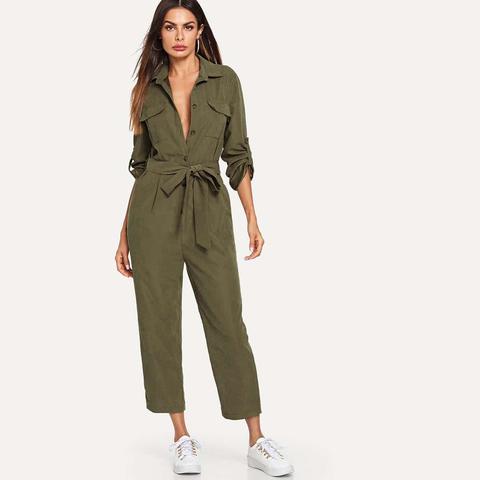 Roll Tab Sleeve Button Front Self Belted Utility Jumpsuit