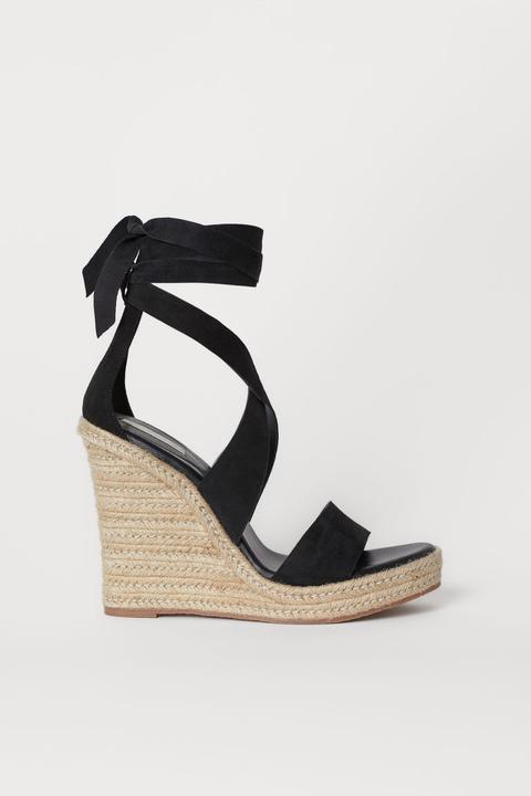 Sandalias De Ante Con Cuña - Negro