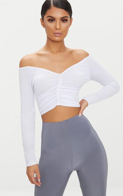 White Slinky Ruched Front Long Sleeve Crop Top, White