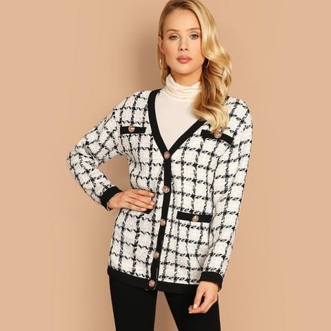 Chaqueta Tweed De Cuadros En Contraste
