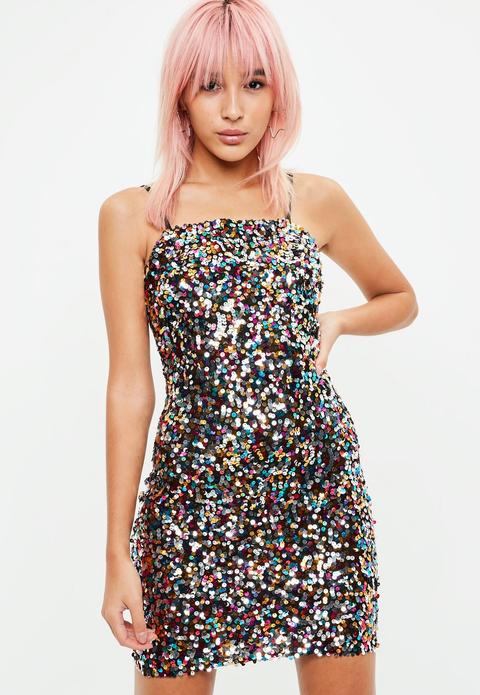 Black Multicoloured Sequin Mini Dress, Multi