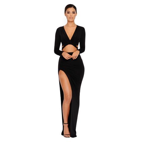 Take The Floor Thigh Slit Maxi Two Piece Set In Black