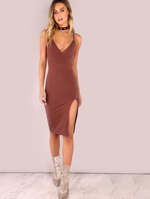 V Neck Bodycon Slit Dress Dark Red Brown