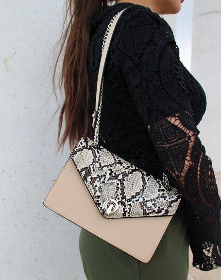 Pochette Beige Effet Python À Chaîne Argentée