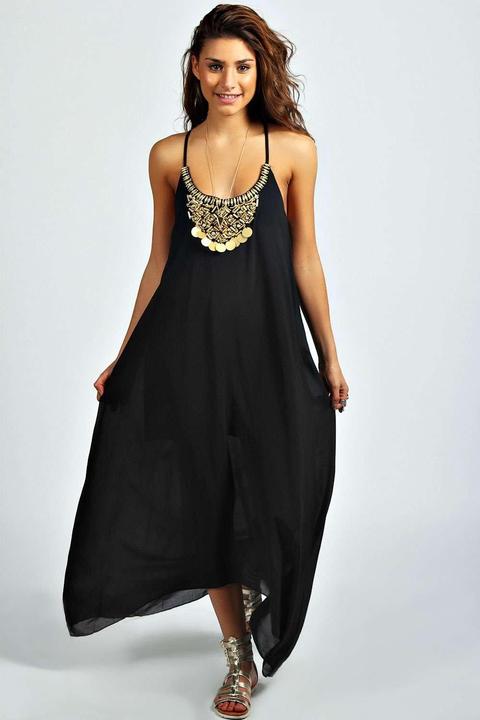 Maxi-kleid Mit Längerem Saum Und Perlenverziertem Ausschnitt