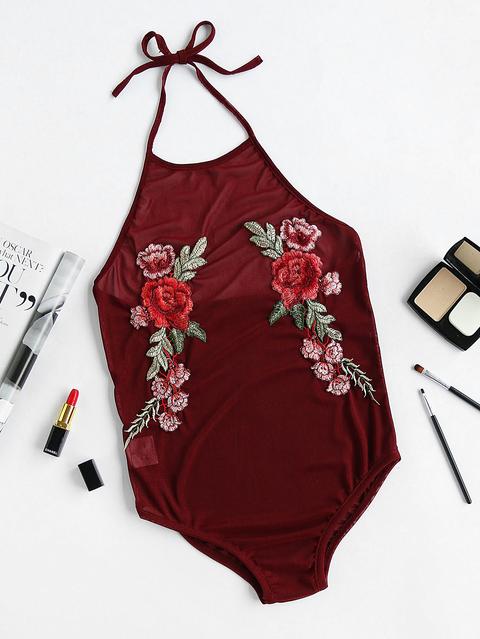 Halter Neck Rose Embroidered Patch Bodysuit