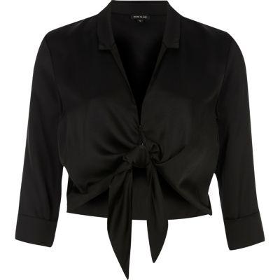 Black Satin Tie Front Cropped Shirt