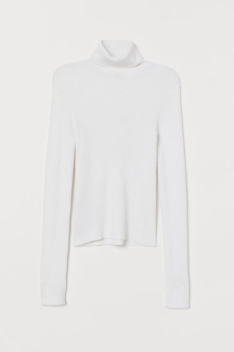 H & M - Pullover A Coste A Collo Alto - Bianco