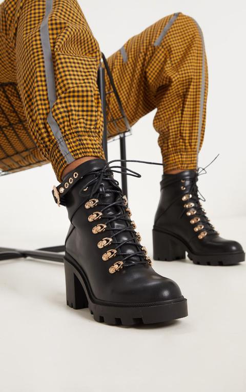 Black Lace Up Heeled Hiker Boot from 