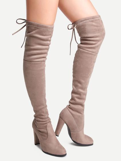 Apricot Suede Point Toe Lace Up Over The Knee Boots