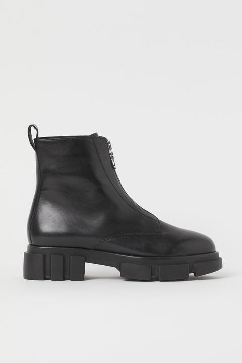 Botas De Piel Con Cremallera - Negro