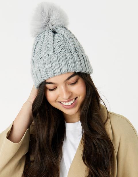 Accessorize Women's Grey Knitted Chunky Knit Pom-pom Beanie