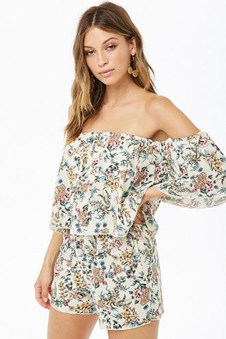 Forever 21 Floral Off-the-shoulder Romper Ivory