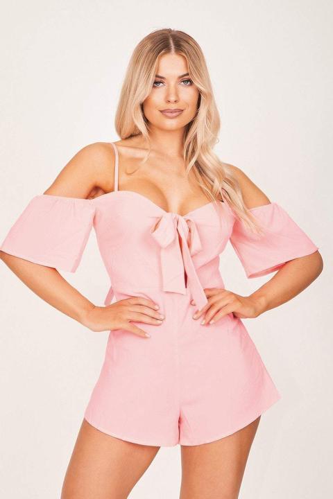 Neon Pink Off The Shoulder Tie Front Playsuit - 6 Neon