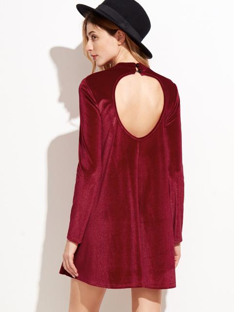 Red Velvet Backless Long Sleeve Shift Dress