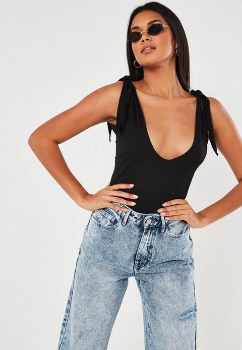 Petite Black Rib Tie Shoulder Plunge Bodysuit, Black