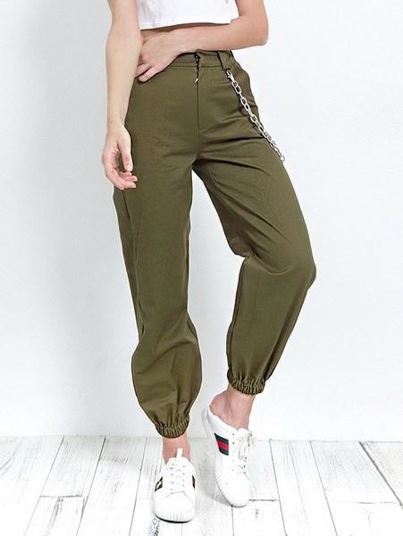 Casuale A Tinta Unita Tasche Verde Militare Pantaloni