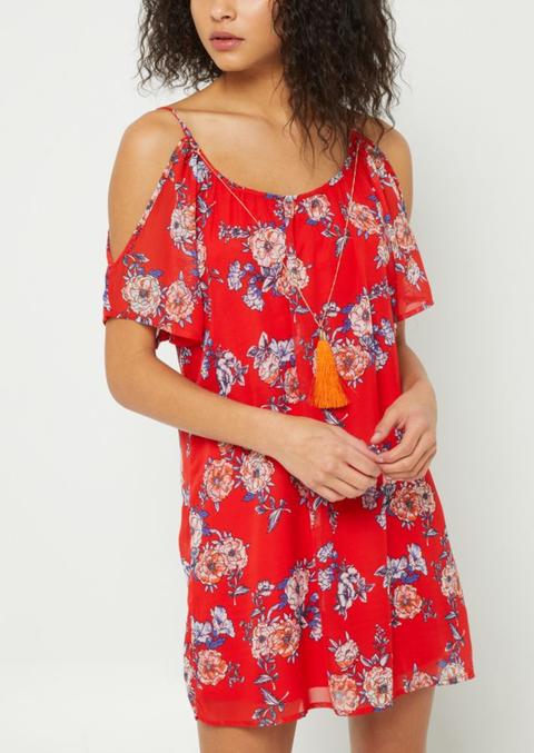 red floral cold shoulder dress