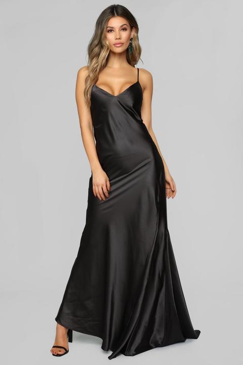 Figure Hugging Satin Maxi Dress - Black