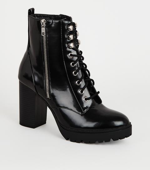 Black Patent Lace Up Chunky Heeled Boots New Look Vegan