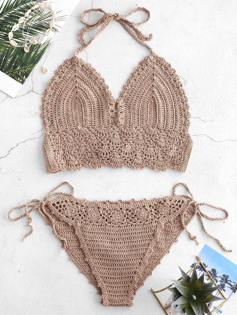 Bikini Con Allacciatura Laterale All'uncinetto Light Khaki