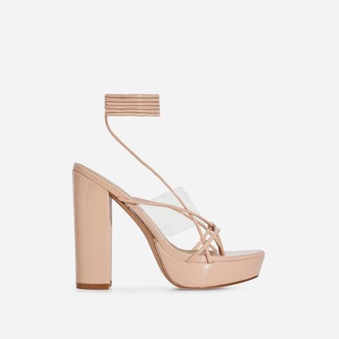 Jamie Lace Up Clear Perspex Platform Heel In Nude Patent, Nude