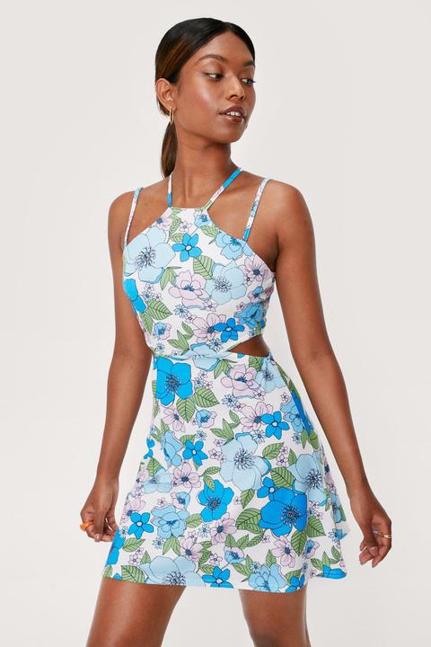 Womens Cut Out Side Retro Floral Mini Dress