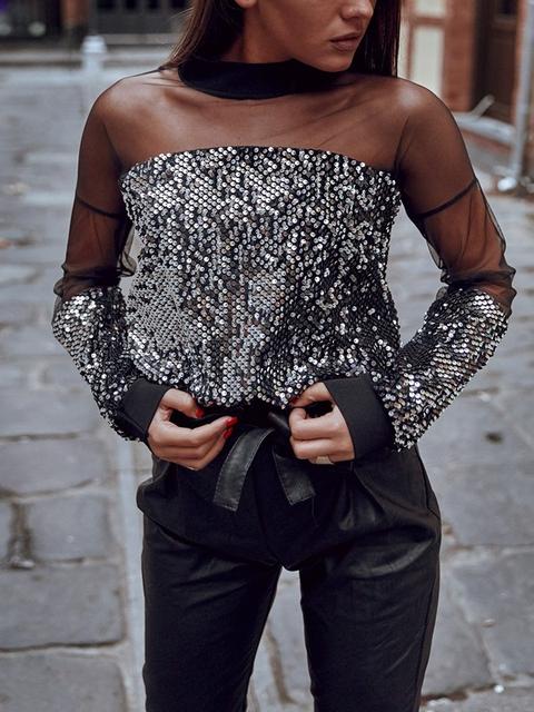Camicetta Paillettes Di Granatina Girocollo Manica Lunga Moda Nero