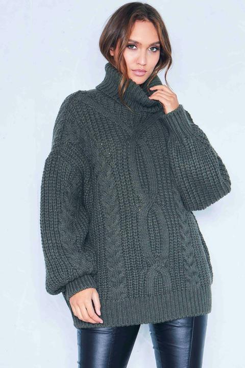 Francesca Khaki Cable Knit Roll Neck Oversized Jumper