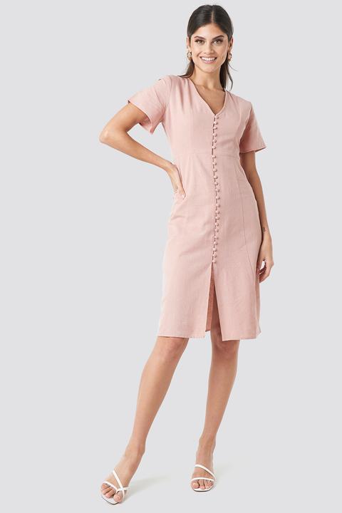 Button Front Linen-blend Dress Rosa