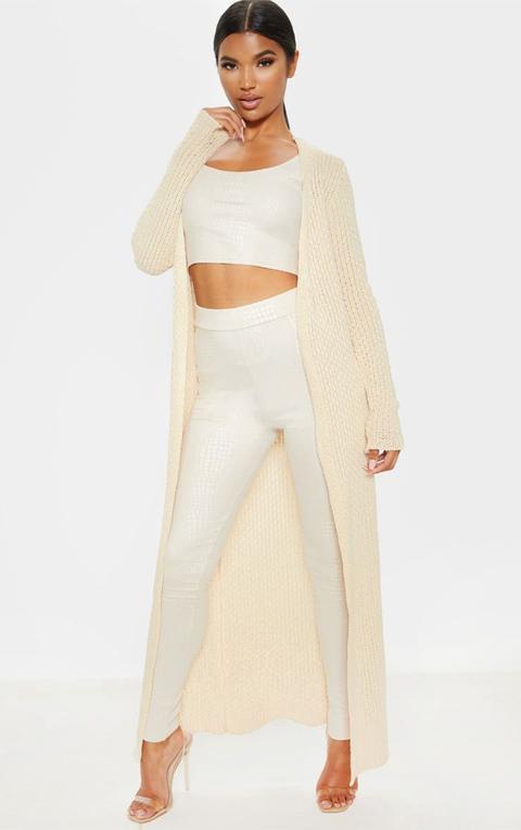 Stone Crochet Knit Maxi Cardigan, White