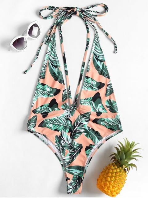 Bañador Halter Estampado Con Estampado De Hojas De Strappy