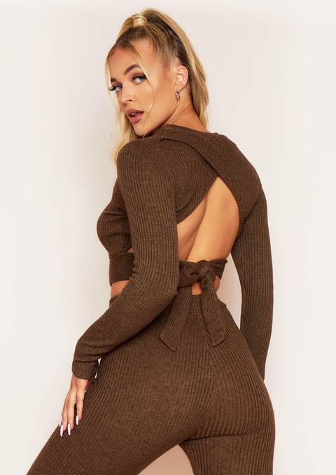 Emma Chocolate Brushed Rib Wrap Back Tie Waist Crop Top