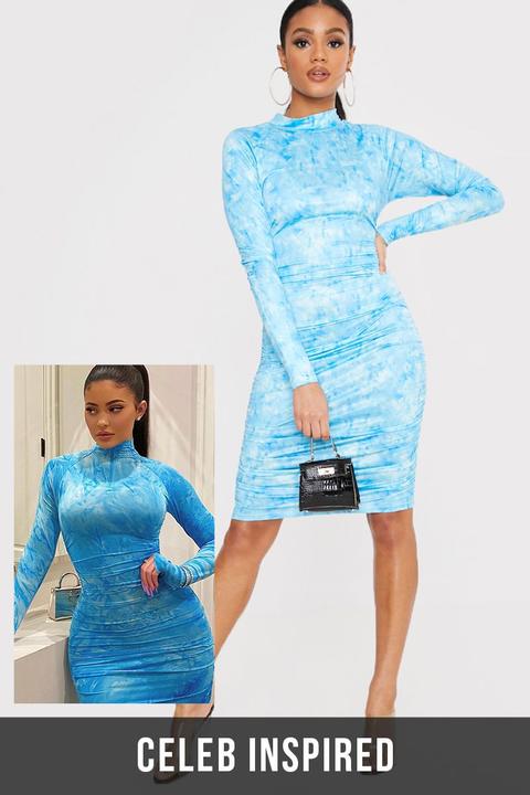 blue tie dye long sleeve dress