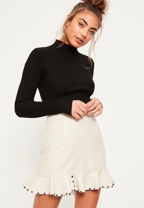 Cream Faux Leather Stud Frill Hem Mini Skirt